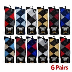 6 Pairs Men’s Argyle Dress Socks Cotton Blend Classic Colors New Size 10-13